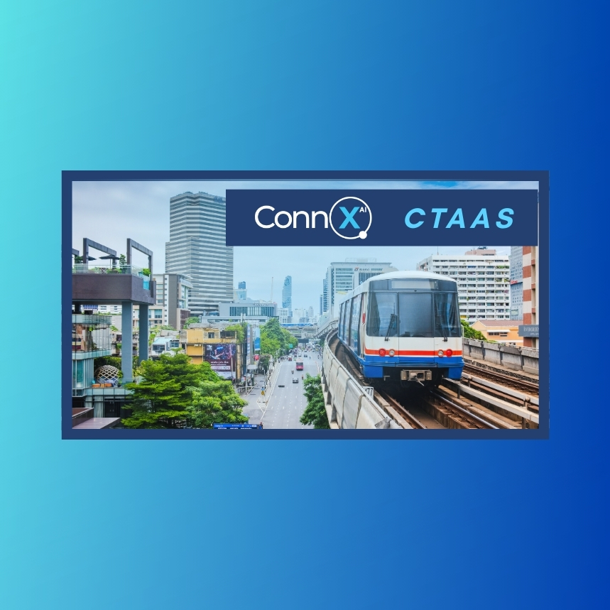 ConnX Connected Transit as a Service (CTaaS) – elevated city train symbolizing AI-powered, secure, and event-ready transit solutions.